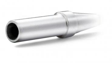 The image shows an elongated, silver object with a conical end. It has a round, hollow entrance and a smooth, metallic surface.