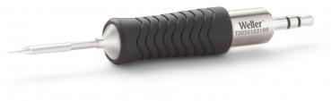 Das Bild zeigt einen Lötkolben mit einem ergonomischen Griff aus rutschfestem Gummi. Der Griff ist schwarz und hat eine Struktur für besseren Halt. Die Spitze ist glänzend und metallisch.