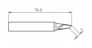The image displays a technical drawing of a tool with a length of 16.6 units. The edge is angled and features an opening at the tip, which is slightly beveled.