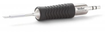 In the picture is a slim screwdriver with a non-slip, rubberized handle in black. The blade is metallic and sharp, suitable for precise work.