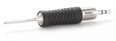 The image shows a soldering-desoldering iron with an ergonomic, non-slip handle made of black rubber and a metallic insert. The solder has a narrow, straight tip.