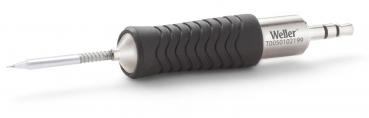 The image shows a screwdriver with a rubberized, ribbed handle for better grip. The metal tip is sharp and narrow, ideal for screwing.