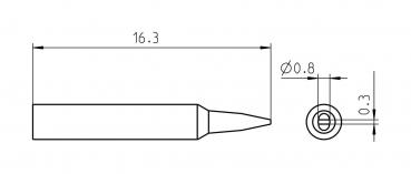The image displays a technical drawing of an object. It has a length of 16.3 mm, a pointed shape, and a hole with a diameter of 0.8 mm. The height of the hole is 0.3 mm.