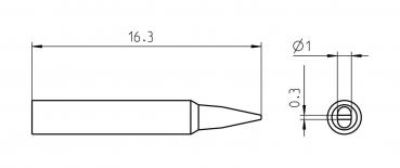 The image displays a technical drawing of a part. It has an elongated shape with a pointed tip. At one point, the diameter and dimensions are specified: 16.3 mm, Ø1 mm, and 0.3 mm.