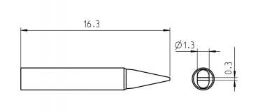 Das Bild zeigt eine technische Zeichnung eines Stifts. Er ist 16,3 mm lang, mit einer Spitze und einem Durchmesser von 1,3 mm. Eine Draufsicht zeigt die runde Öffnung mit 0,3 mm Tiefe.