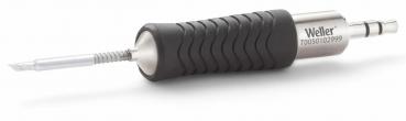 The image shows a screwdriver with a non-slip rubber handle and a metal blade. The handle is black with grooves, the blade is straight and thin.