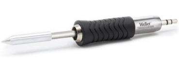 The image shows a soldering iron with a round, ridged black handle and a silver metal tip. The name 