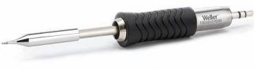 The image shows a screwdriver with an ergonomic, rubberized black-striped handle. The metal tip is shiny and narrow, the handle has a silver surface.