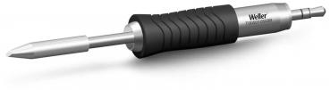 The image shows a soldering iron with a metallic, pointed tip and a rubberized, black handle. The handle has a ribbed structure for better grip.