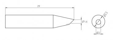 The image shows a technical drawing of a cylindrical object with a pointed shape. It has various diameters and length specifications: 29 mm long, with a diameter of 1.6 mm at the tip and 5.5 mm in the middle.
