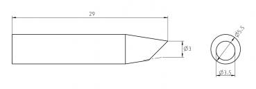 The image displays an elongated, tapered steel body. On the left side, dimensions are marked: 29 mm length, 3 mm diameter at one point. On the right, there is a circular view with a 3.5 mm diameter.
