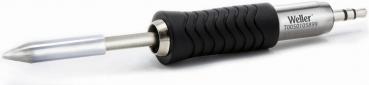 The image shows a soldering iron with a black handle and metallic tip. The handle has a non-slip surface with wavy patterns for better grip.