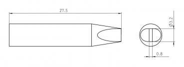 The image displays a technical drawing of a cylindrical object with a pointed shape at one end. There are dimensions in millimeters: 27.5, 3.2, and 0.8.