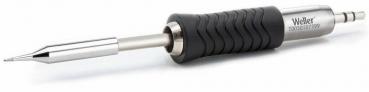 The image shows a soldering iron with a gray, non-slip grip and a silver stainless steel tip. The grip has grooves for better hold. It is often used for electronic work.