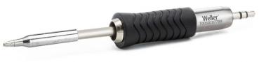The image shows a soldering iron with a metallic, shiny heating body and a black, rubberized handle with grooves for better grip. The iron has a pointed metal tip.