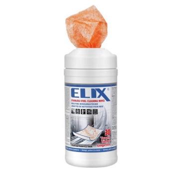 Das Bild zeigt eine weiße Verpackung mit einem durchsichtigen Deckel. Darin sind Reinigungstücher in einer orangefarbenen Farbe. Auf der Verpackung steht ?ELIX Stainless Steel Cleaning Wipes?.