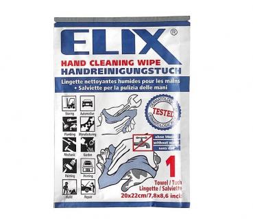Das Bild zeigt eine Packung feuchter Reinigungstücher für die Hände. Darauf sind Symbole für verschiedene Anwendungen wie Auto, Garten und Handwerk. Der Text betont die dermatologische Prüfung.