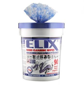 The image shows a round container with a blue cover. Inside are hand cleaning wipes, one of which is sticking out. The container is labeled "ELIX" and includes information on how to use it.