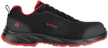 The shoe is a sporty sneaker in black with red accents. It features a breathable upper, a cushioned sole, and a comfortable fit for everyday use.