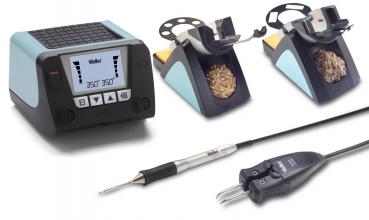 The image displays a soldering station set. It includes a digital controller with buttons, two soldering iron stands, a soldering iron with a handle, and a connection plug. The devices are in blue and black.