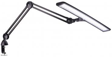 Das Bild zeigt eine schwarze, flexibel einstellbare Tischlampe mit einem langen, rechteckigen Leuchtmittel. Der Arm der Lampe ist beweglich und in der Mitte gelenkig. Sie wird mit einer Klemme befestigt.