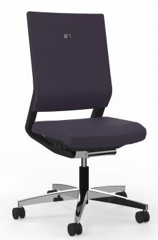 The chair has a simple, modern look with a high backrest and a wide seat. The upholstery is in a dark shade, and the base has casters.