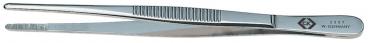 The image displays a stainless steel tweezer. It features a slim, shiny shape with a straight tip and a non-slip surface for better grip. The tweezer is lightweight and easy to handle.