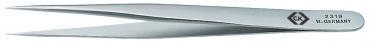 The image shows a shiny, slender metal tweezer. It has two tapering ends that open and close easily, and an engraving that reads "W-GERY".