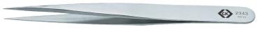 The image shows a silver metal tweezer. It has a long, narrow shape with two opposing tips that open and close easily. It is simple and functional.
