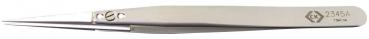 The image shows a narrow, shiny stainless steel tweezer. It has two long, pointed tips that are used for grasping small objects. The edges are sharp and precise.