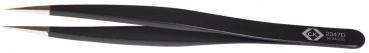 The image shows a narrow, black tweezer. It has sharp, metallic tips suitable for picking up small objects. A small embossing is visible on the handle.