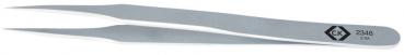 The image shows a silver stainless steel tweezer. It has two pointed ends that meet in the middle. There is an embossing on the handle. It is narrow and slightly curved.