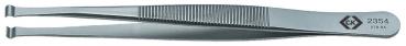 It is a silver metal tweezer with a straight, narrow shape. The surfaces are smooth, and one side has a ridged structure for better grip.