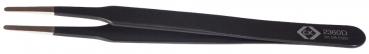 The image shows a straight pair of pliers. It is black, has two handle-like parts, and a flat tip suitable for grasping small objects. The handle is slim and lightweight.