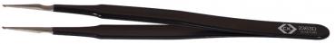The image shows a black tweezer with a narrow, pointed opening at both ends. It is slender and has a smooth surface that feels good in the hand.