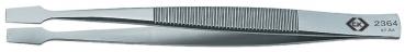 It is a straight, narrow tweezer made of shiny metal. The handles are ribbed for better grip, and it has a straight tip. A logo and a number are embossed.