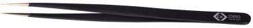 The image shows a black tweezer with pointed tips. It has a narrow, elongated shape and is made of metal with a matte finish. There is a logo engraved on the handle.