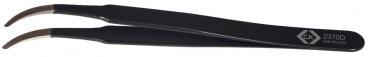 Das Bild zeigt eine schwarze Pinzette mit leicht gebogenen Spitzen. Sie hat eine matte Oberfläche und eine präzise, feine Bauweise, ideal zum Greifen kleiner Objekte.