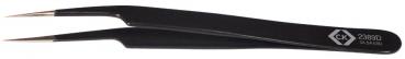 The image shows a black tweezer with narrow, precise tips. It is slightly curved and has a non-slip surface for better grip. There is a logo at the end.