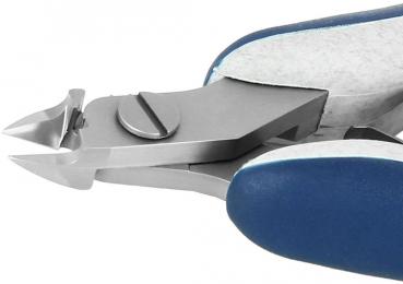 Das Bild zeigt eine Zange mit einer scharfen, spitzen Schneide. Der Griff ist blau, die Zange ist aus glänzendem Metall mit einem runden Drehmechanismus in der Mitte.