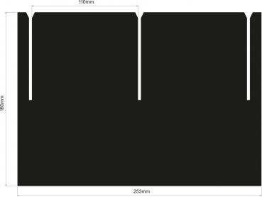 The image shows a black template with dimensions of 253 mm in width and 180 mm in height. At the top, there are two parallel cutouts, each 110 mm wide.