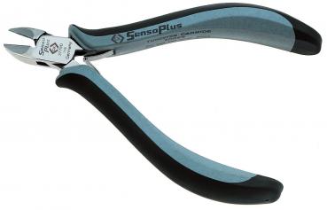 This is a pair of side-cutting pliers with gray metal parts and rubberized, black handles. The pliers have a pointed cutting edge, ideal for cutting fine materials.