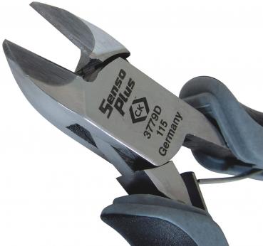 The image shows a pair of pliers with sharp, pointed blades, made of metal with a shiny finish. The handles are black with gray rubber elements for better grip.