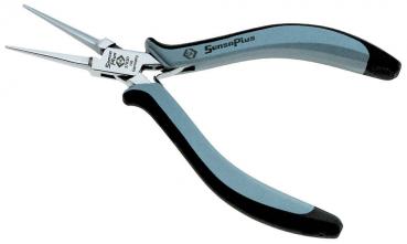 The image shows a long-nosed pliers with two pointed jaws. The handles are ergonomically shaped, in blue and black, and provide a good grip for precise work.
