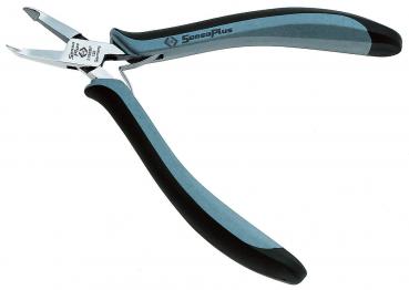 The image shows a two-handed pliers with long, narrow jaws. The handles are ergonomically designed, featuring a black and gray color scheme. It is suitable for precise tasks.
