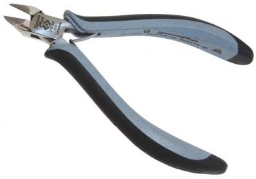 The image shows a pair of pliers with an ergonomic, blue and black handle. The tips are sharp and slightly curved, ideal for cutting. It appears sturdy and precise.