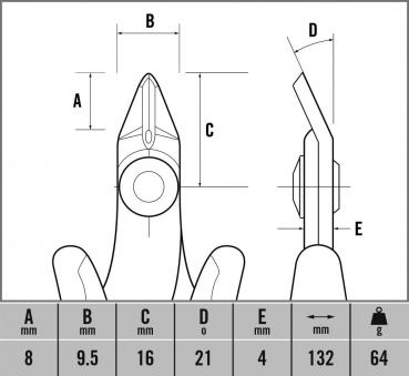 Das Bild zeigt technische Zeichnungen eines Werkzeugs mit verschiedenen Maßen. Die Maße sind A, B, C, D und E in Millimetern angegeben, mit einer Gesamtmasse von 64 Gramm.