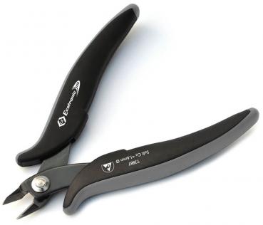 The image shows a sharp pair of pliers with black handles and a silver pivot. The blades are small and pointed, ideal for precise cutting of materials. The pliers are lying open.