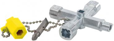 The image shows a galvanized cross tool in the center, surrounded by a yellow, hexagonal handle and a silver screwdriver, both attached to a chain.