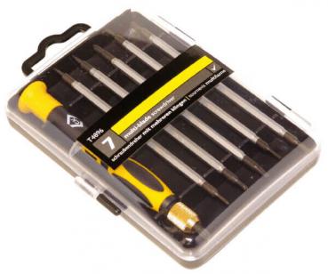 The image shows a practical screwdriver set in a transparent plastic container. The set includes several different screwdrivers with a yellow handle and metallic tips.